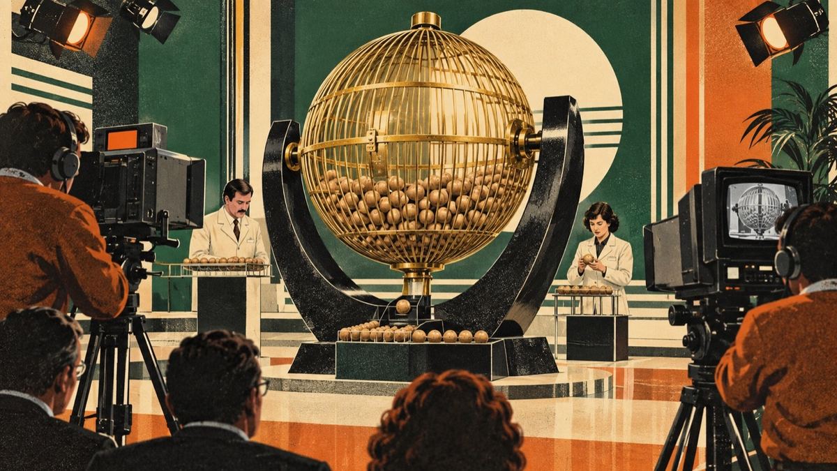 Ilustraci&oacute;n del sorteo televisado de La Primitiva de 1985 con el bombo apodado Mazinger